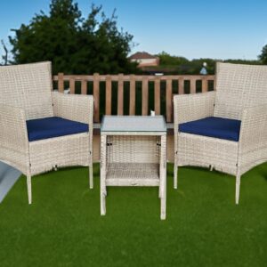 BTEXPERT Outdoor Wicker Conversation 3 Piece Bistro Set Garden Patio Yard Porch Furniture Space Saving Pe Rattan 2 Chairs Cushions Side Storage Glass Table Stone Gray/Navy Blue 3pc