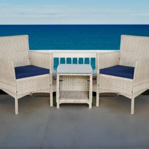 BTEXPERT Outdoor Wicker Conversation 3 Piece Bistro Set Garden Patio Yard Porch Furniture Space Saving Pe Rattan 2 Chairs Cushions Side Storage Glass Table Stone Gray/Navy Blue 3pc