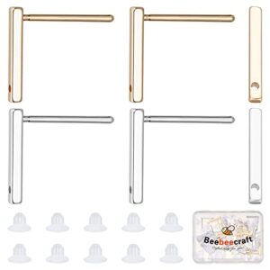 beebeecraft 40pcs 2 colors stud earring with loop 18k gold & platinum plated rectangle earring posts with ear nut for diy earrings jewelry making