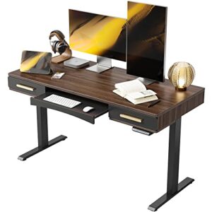 FEZIBO 55" x 26" Mid-Century Modern Electric Standing Desk with 2 Drawers & 1 Keyboard Tray, Whole-Piece Stand Up Home Office Desks, Vintage Top/Black Frame (2 Packages)