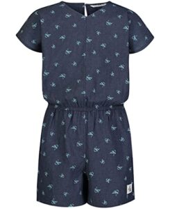 calvin klein girls' short sleeve lightweight denim romper, dark chambray grid, 7