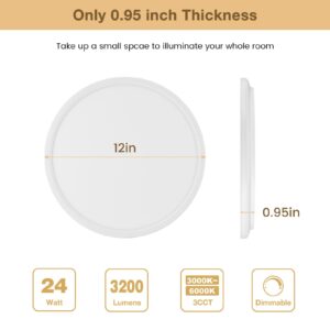 Super Slim 3200LM 12Inch LED Ceiling Lights Flush Mount, Dimmable 3000K 4500K 6000K CCT, Low Profile Surface Mount Light Fixtures, 24W Thin Flat LED Panel Lights for Bedroom Bathroom Kitchen, 2 Packs