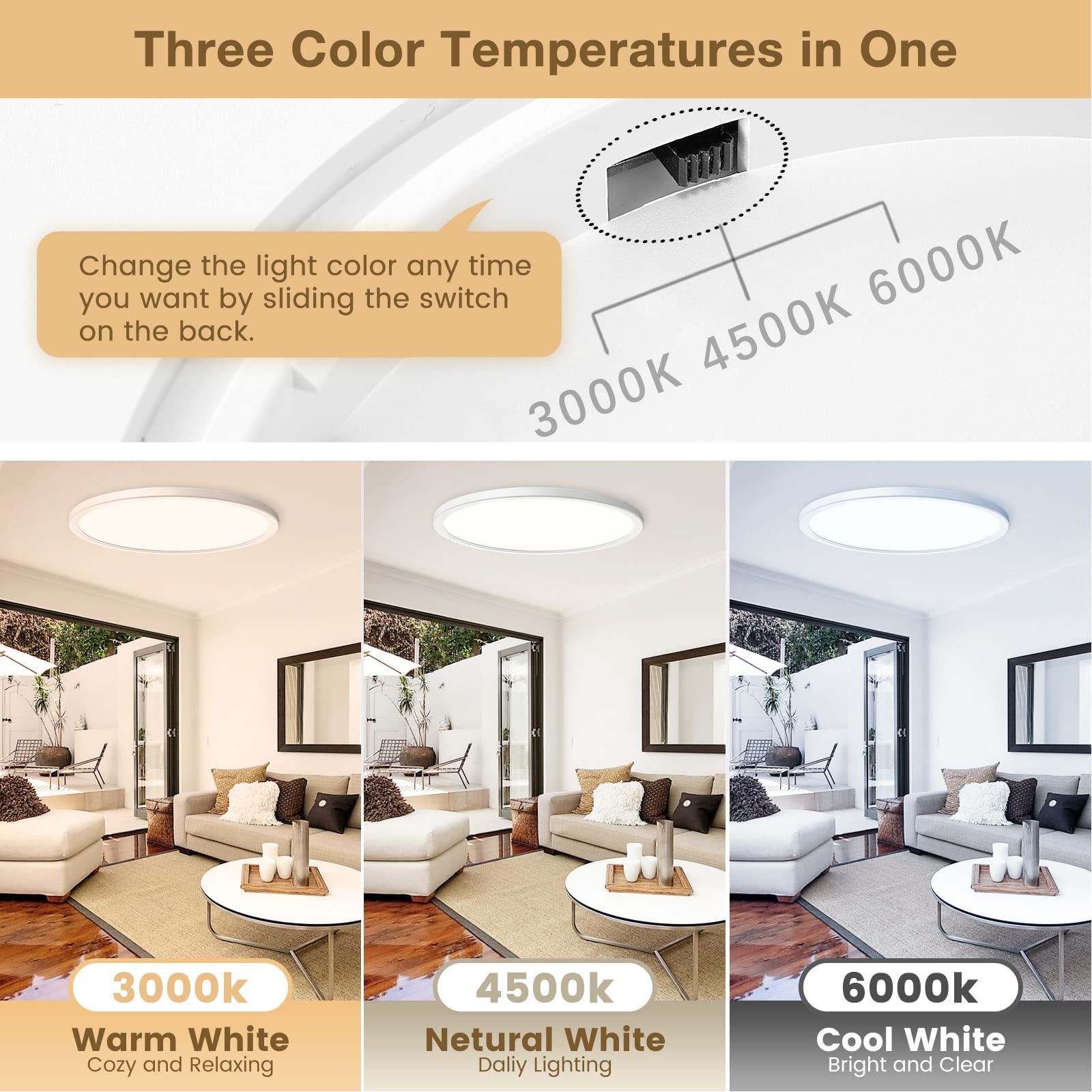 Super Slim 3200LM 12Inch LED Ceiling Lights Flush Mount, Dimmable 3000K 4500K 6000K CCT, Low Profile Surface Mount Light Fixtures, 24W Thin Flat LED Panel Lights for Bedroom Bathroom Kitchen, 2 Packs