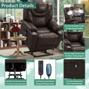 PUG258Y Lift Chair for Elderly: 9988 High Density Foam Lay Flat Heat and Massage, Reclining to 180, 2 Pockets Cup Holders, 2 Remote Controls, Dual OKIN Motors - Breathable Leather Reddish Brown