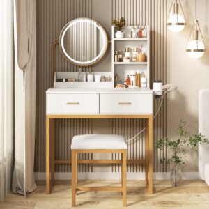 makeup vanity desk with round mirror and lights, white vanity makeup table, small vanity table for bedroom with lots storage, 3 lighting modes, 31.5in(l)