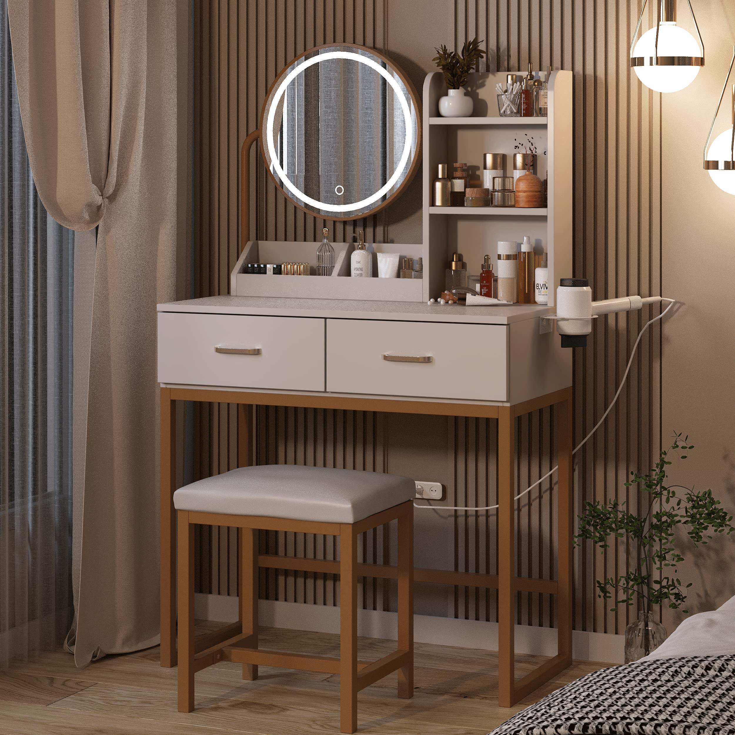 Makeup Vanity Desk with Round Mirror and Lights, White Vanity Makeup Table, Small Vanity Table for Bedroom with Lots Storage, 3 Lighting Modes, 31.5in(L)