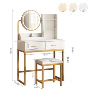 Makeup Vanity Desk with Round Mirror and Lights, White Vanity Makeup Table, Small Vanity Table for Bedroom with Lots Storage, 3 Lighting Modes, 31.5in(L)