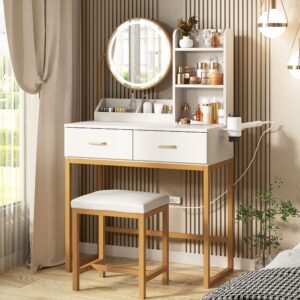 Makeup Vanity Desk with Round Mirror and Lights, White Vanity Makeup Table, Small Vanity Table for Bedroom with Lots Storage, 3 Lighting Modes, 31.5in(L)