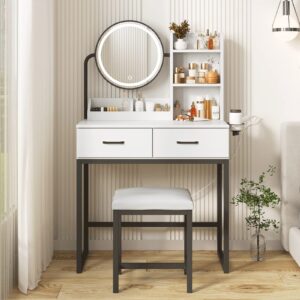 Makeup Vanity Desk with Mirror and Lights, Cute Vanity Makeup Table, Small Vanity Table for Bedroom with Lots Storage, 3 Lighting Modes, 31.5in(L)…