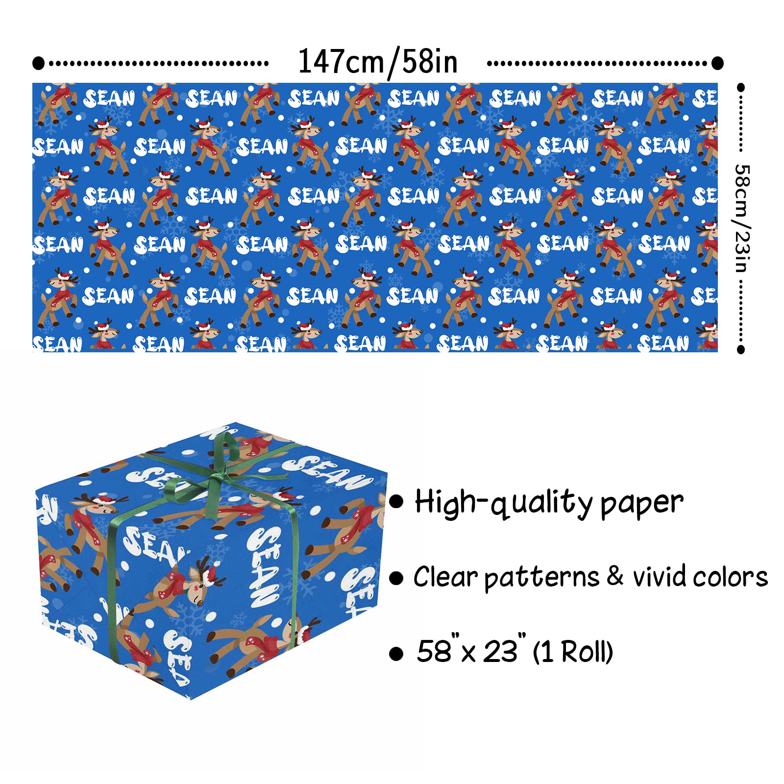 Personalized Christmas Wrapping Paper with Name,Custom Happy Birthday Xmas Elk Snowflake Blue Wrapping Paper Roll with Text for Friends Family,Christmas Gift for Kids Boys and Girls (58"x 23")