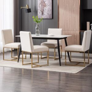 set of 4 linen upholstered dining room chairs, mid century modern fabric chair for dining room, with golden finish metal frame, cream