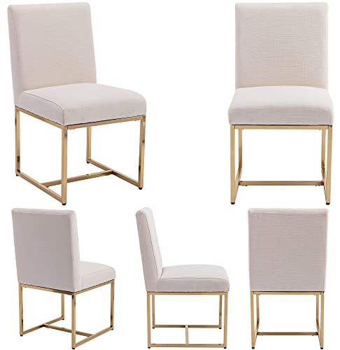 Set of 4 Linen Upholstered Dining Room Chairs, Mid Century Modern Fabric Chair for Dining Room, with Golden Finish Metal Frame, Cream