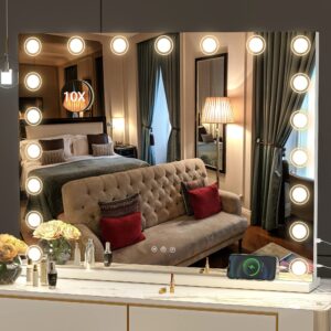 hasipu vanity mirror with lights, 40" x 32" makeup mirror, light up mirror with 19 dimmable led lights and 10x magnification, 3 colors modes, touch control, usb charging port, white