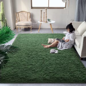 DweIke Super Soft Shaggy Rugs Fluffy Carpets, 8x10 ft, Dark Green Area Rug for Living Room Bedroom Girls Kids Room Nursery Home Decor, Non-Slip Plush Indoor Floor Bedside Rug, 8x10 Feet Deep-Green