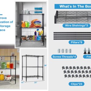 MKDLUFEI 3-Tier Wire Shelving Unit Adjustable Height 450Lb Capacity Small Metal Shelving for Storage 24"x14"x30" Metal Shelves for Kitchen, Office, Pantry, Laundry, Closet, Organizer Wire Rack