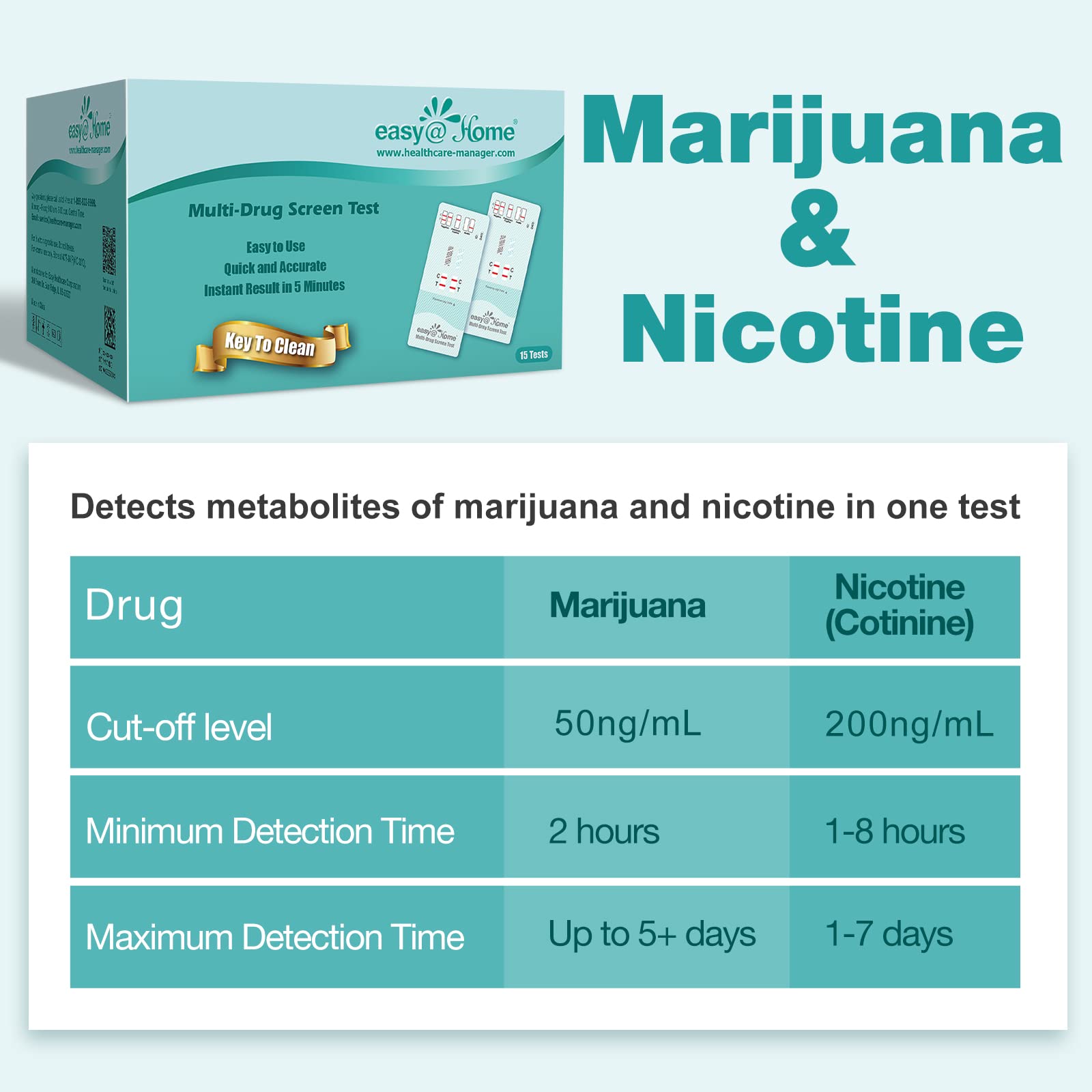 Easy@Home Marijuana & Nicotine Test Kit: 15 Pack Testing Kits for THC and Nicotine Metabolites Cotinine(COT) in Urine, Built-in Strips Combo Home Drug Tests for Weed/Vaping/Tobacco, EDOAP-124