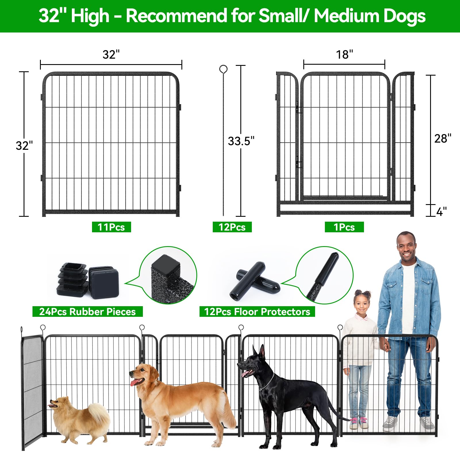 Kfvigoho Dog Playpen Outdoor Extra Wide 12 Panels Heavy Duty Dog Fence 32" Height Anti-Rust with Doors Portable for RV Camping Yard, Total 32FT, 79 Sq.ft, Snowy Black