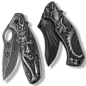 2pcs set pocket folding knife for men, 3d dragon & wolf relief, embossed edc knife for men outdoor survival camping hiking hunting