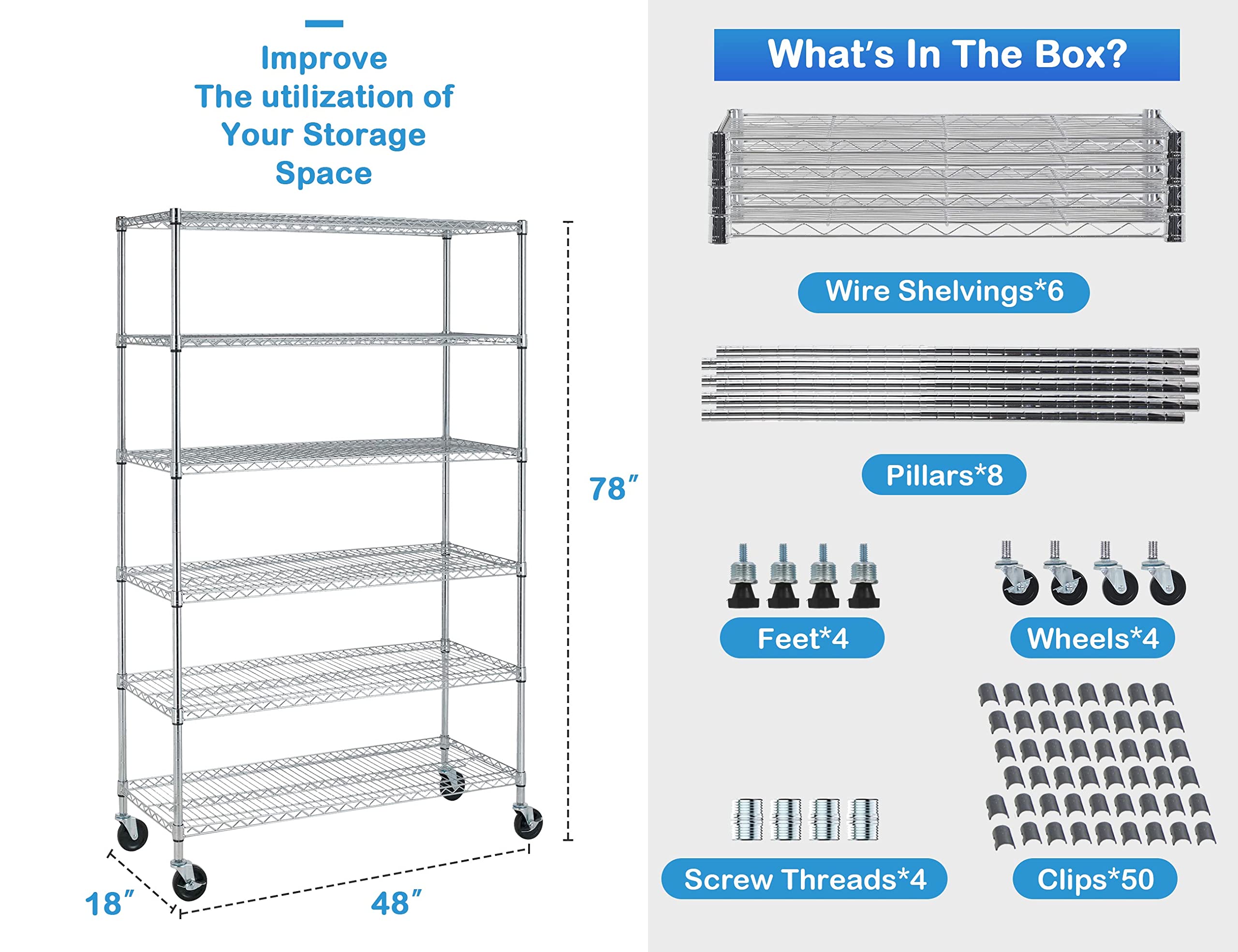 6000Lbs Capacity Metal Shelving Unit 6 Tier Adjustable Shelves for Storage Heavy Duty Commercial Grade Wire Shelf with Wheels & Feet 48" ×18" ×78" Storage Rack for Warehouse Garage Pantry Basement