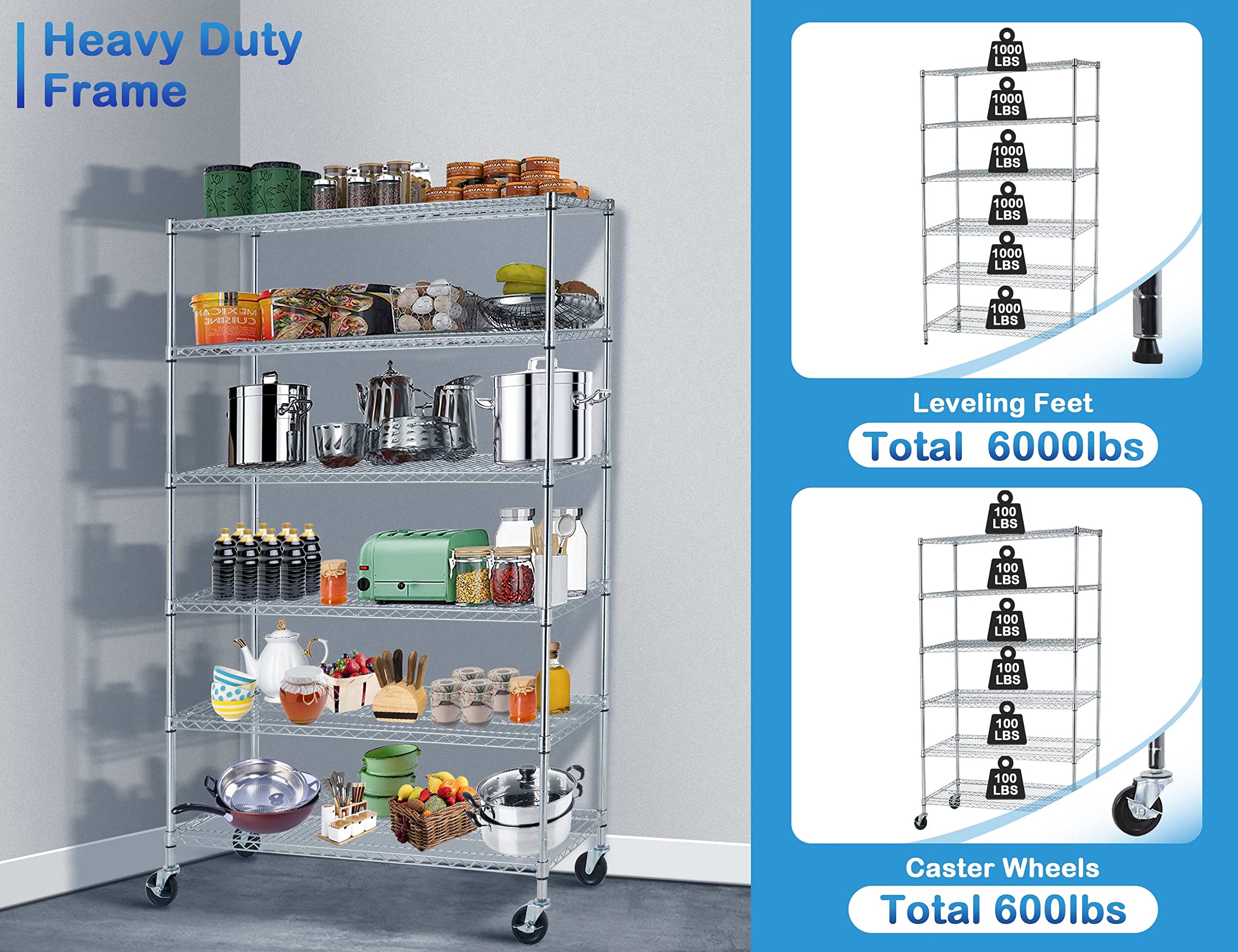 6000Lbs Capacity Metal Shelving Unit 6 Tier Adjustable Shelves for Storage Heavy Duty Commercial Grade Wire Shelf with Wheels & Feet 48" ×18" ×78" Storage Rack for Warehouse Garage Pantry Basement