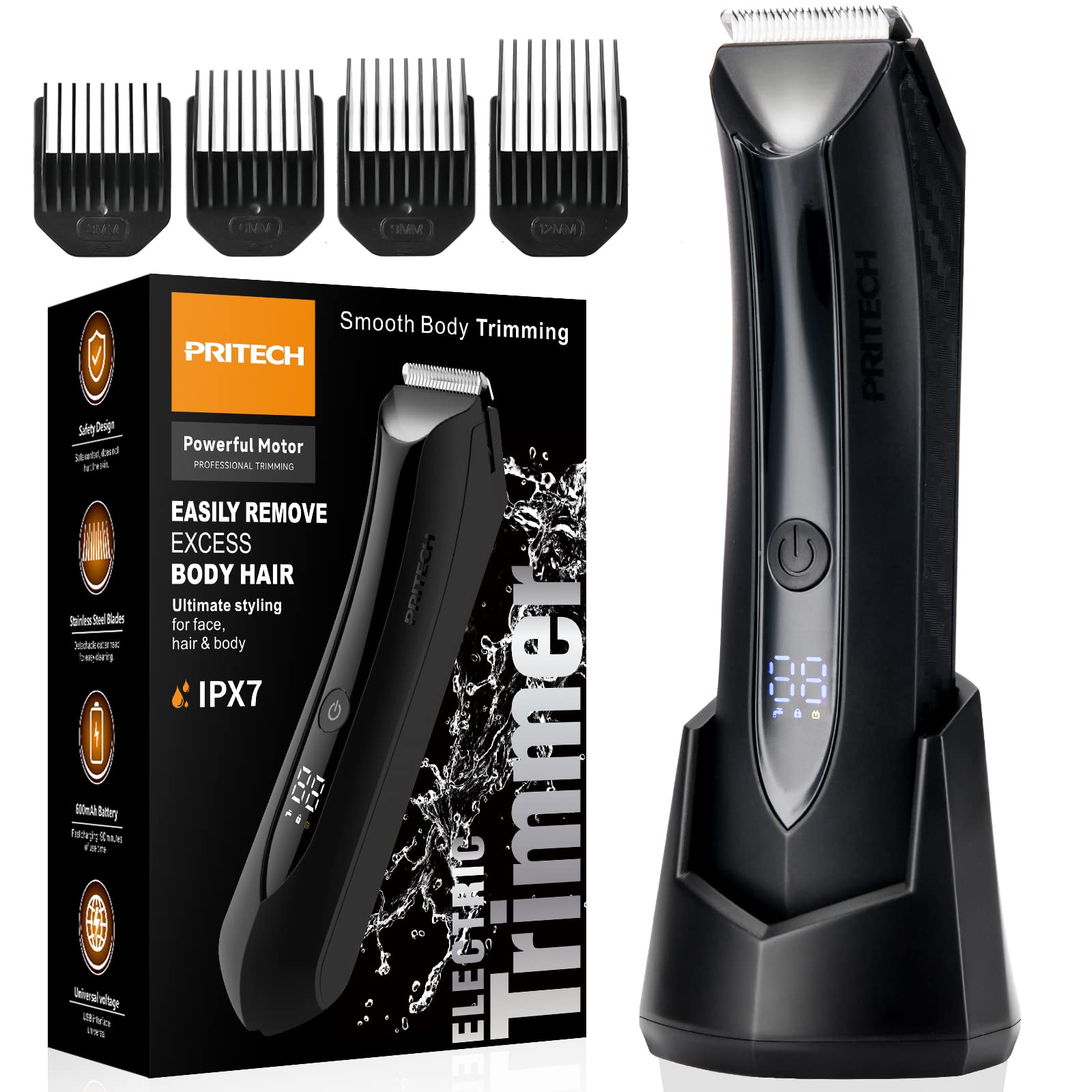 PRITECH Body Hair Trimmer for Men Pubic Hair Trimmer - Wet/Dry Ball Trimmer with Ceramic Blade, Rechargeable Body Groomer for Men with Standing Recharge Dock, Cordless Groin Hair Trimmer for Men