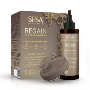 sesa ayurvedic regain 2 step hair oil growth kit with 26 herbs and 6 essential oils promotes hair growth reduces hair fall with massager natural hair oil for women and men, 100 ml or 3.38 oz