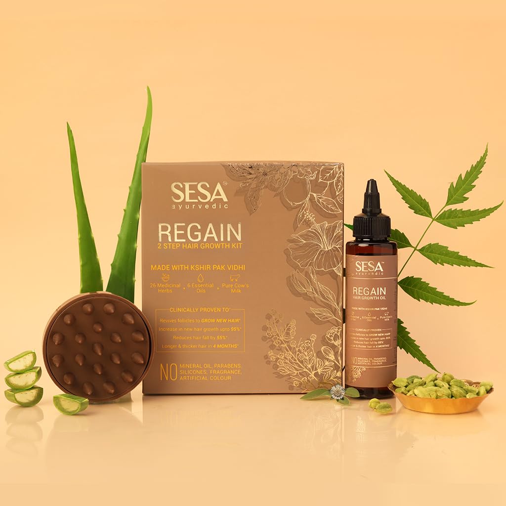 SESA Ayurvedic Regain 2 Step Hair Oil Growth Kit With 26 Herbs And 6 Essential Oils Promotes Hair Growth Reduces Hair Fall With Massager Natural Hair Oil For Women And Men, 100 Ml or 3.38 oz