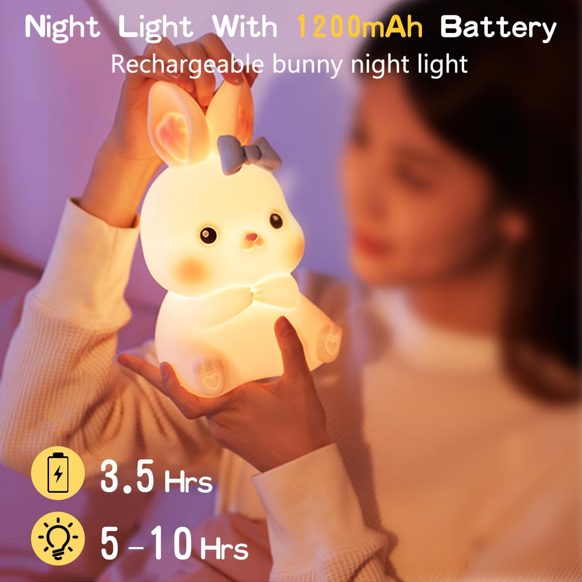 LEDHOLYT Kids Night Light, Cute Soft Bunny Silicone Light with Remote Control, Kawaii Animal Bedside Lamp for Women and Girls, LED Bunny Night Light for Toddler Bedrooms and Children's Rooms