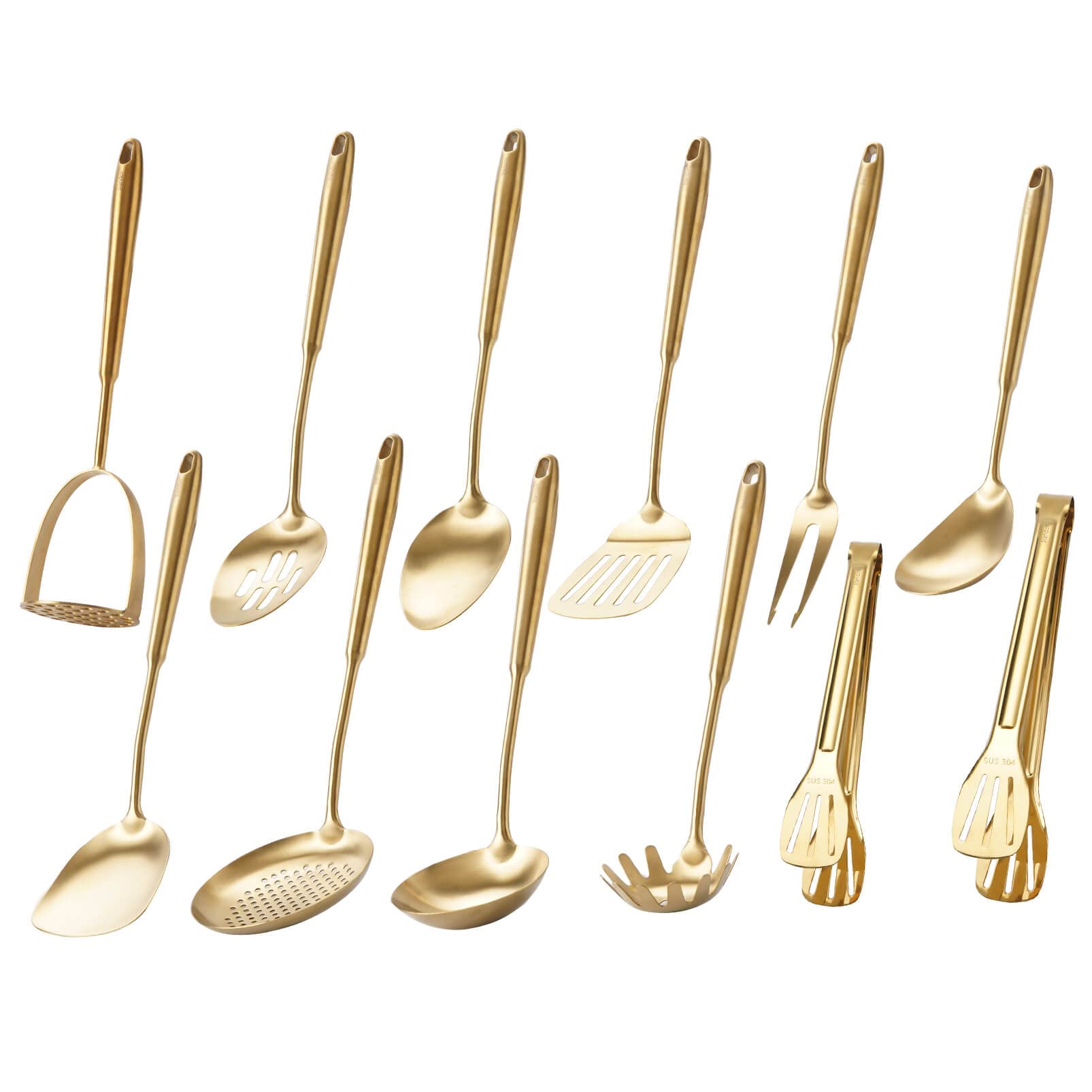 Gold Kitchen Utensils Set, 12 PCS Brass Matte Serving Utensils Set, 304 Stainless Steel All Metal Cooking Utensil - Potato Masher, Tongs, Spatula, Meat Fork, Ladle, Skimmer Spoon, Spaghetti Spoon Set