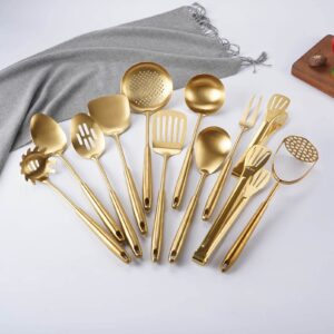 Gold Kitchen Utensils Set, 12 PCS Brass Matte Serving Utensils Set, 304 Stainless Steel All Metal Cooking Utensil - Potato Masher, Tongs, Spatula, Meat Fork, Ladle, Skimmer Spoon, Spaghetti Spoon Set