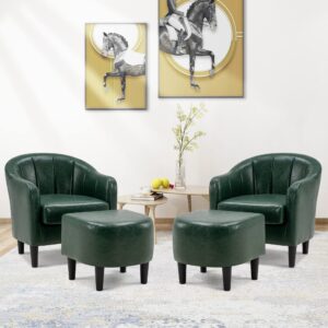 MCombo Accent Chair with Ottoman Set of 2, Faux Leather Upholstered Barrel Armchair for Living Room, Small Space, Corner 4022 (Green)