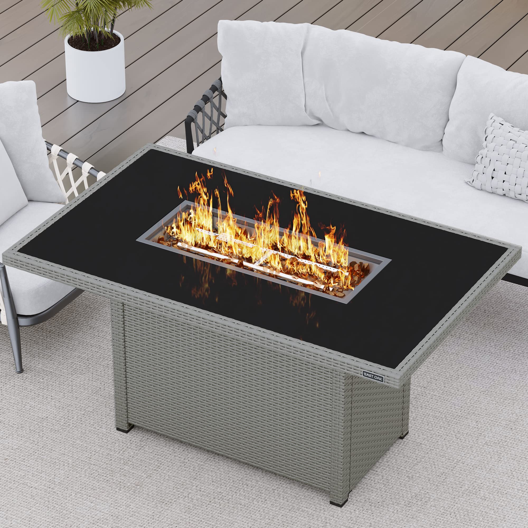 EAST OAK 52'' Propane Fire Pit Table, 60,000 BTU Gas Firepit W/Large Tempered Glass Tabletop, CSA Certified Outdoor Patio Fire Table with 9.2 lbs Glass Stone & Removable Lid, Grey