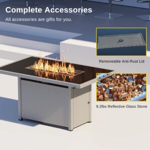 EAST OAK 52'' Propane Fire Pit Table, 60,000 BTU Gas Firepit W/Large Tempered Glass Tabletop, CSA Certified Outdoor Patio Fire Table with 9.2 lbs Glass Stone & Removable Lid, Grey