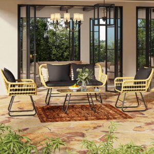 YITAHOME 4-Piece Patio Furniture Wicker Outdoor Bistro Set, All-Weather Rattan Conversation Loveseat Chairs for Backyard, Balcony and Deck with Soft Cushions and Metal Table (Light Brown+black)