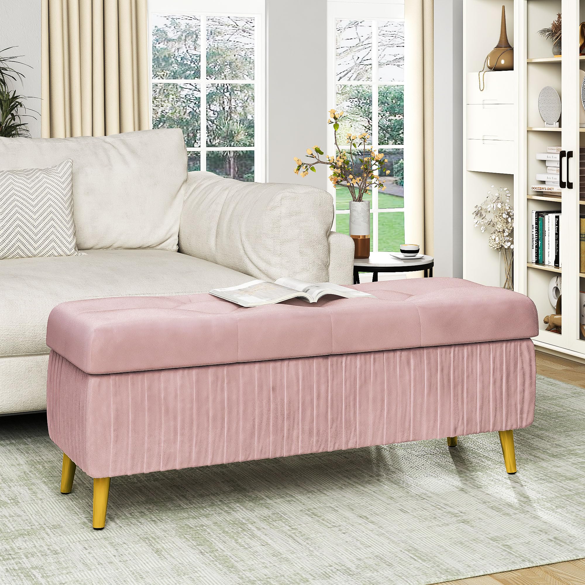 AWQM Tufted Storage Ottoman Bench,Velvet Upholstered Storage Bench with Button,Flip top,Perfect for Living Room,Entryway,Bedroom,47.24",Dark Mauve Pink