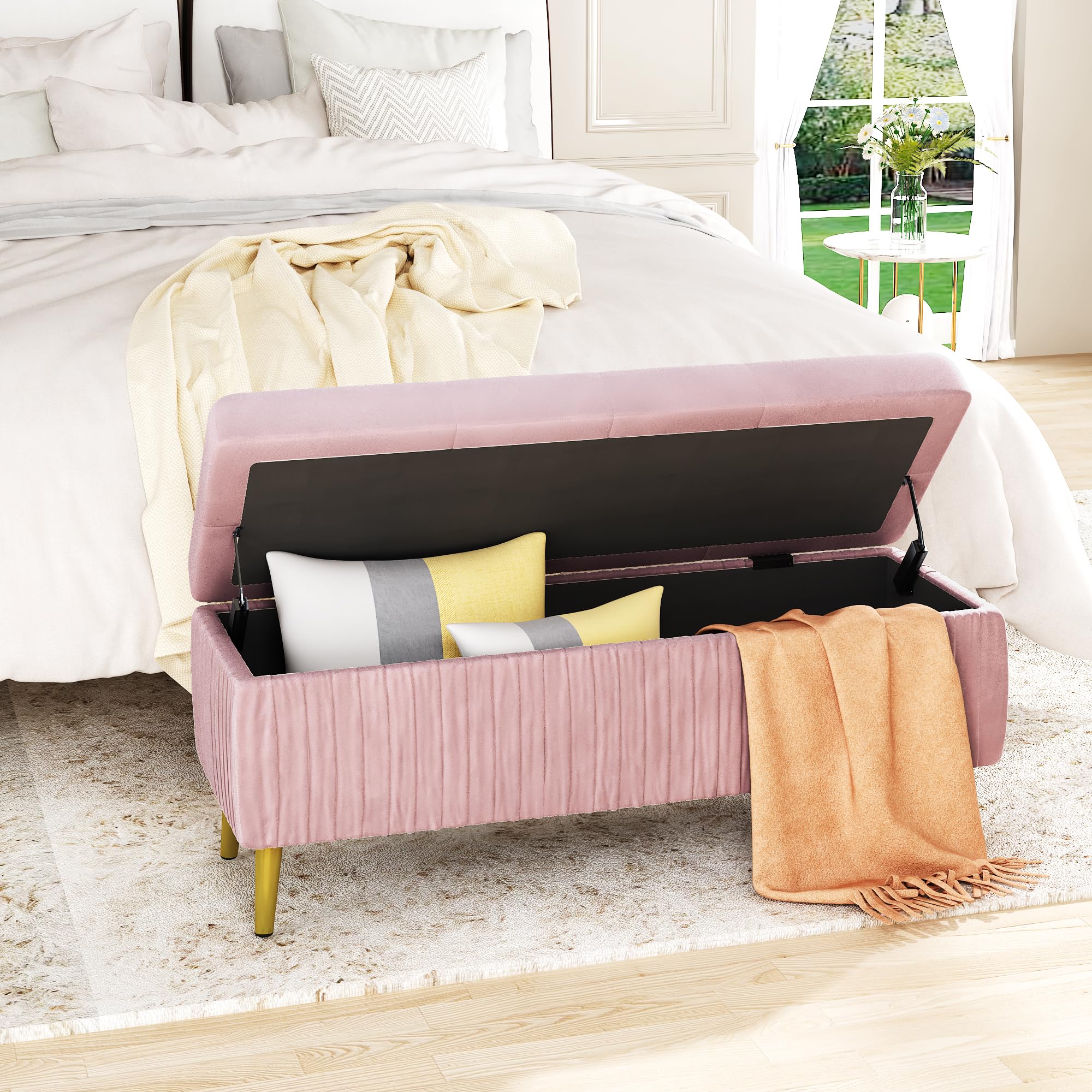 AWQM Tufted Storage Ottoman Bench,Velvet Upholstered Storage Bench with Button,Flip top,Perfect for Living Room,Entryway,Bedroom,47.24",Dark Mauve Pink