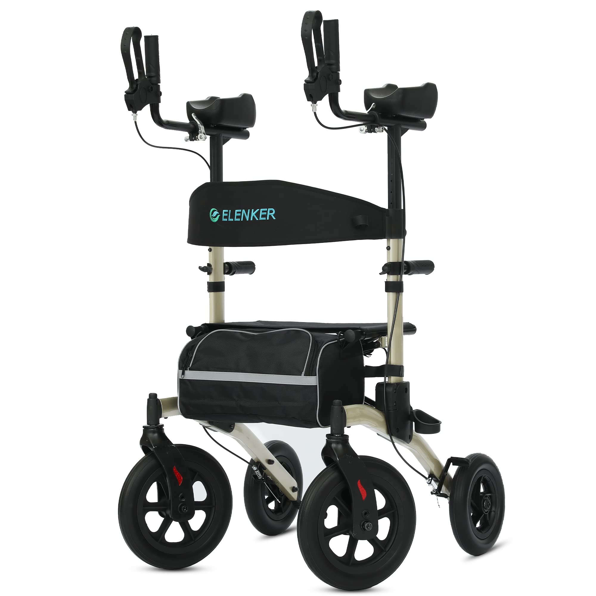 ELENKER All-Terrain Upright Rollator Walker, Stand up Rolling Walker with Seat, 12” Non-Pneumatic Tire Wheels, Compact Folding Design for Seniors, Champagne