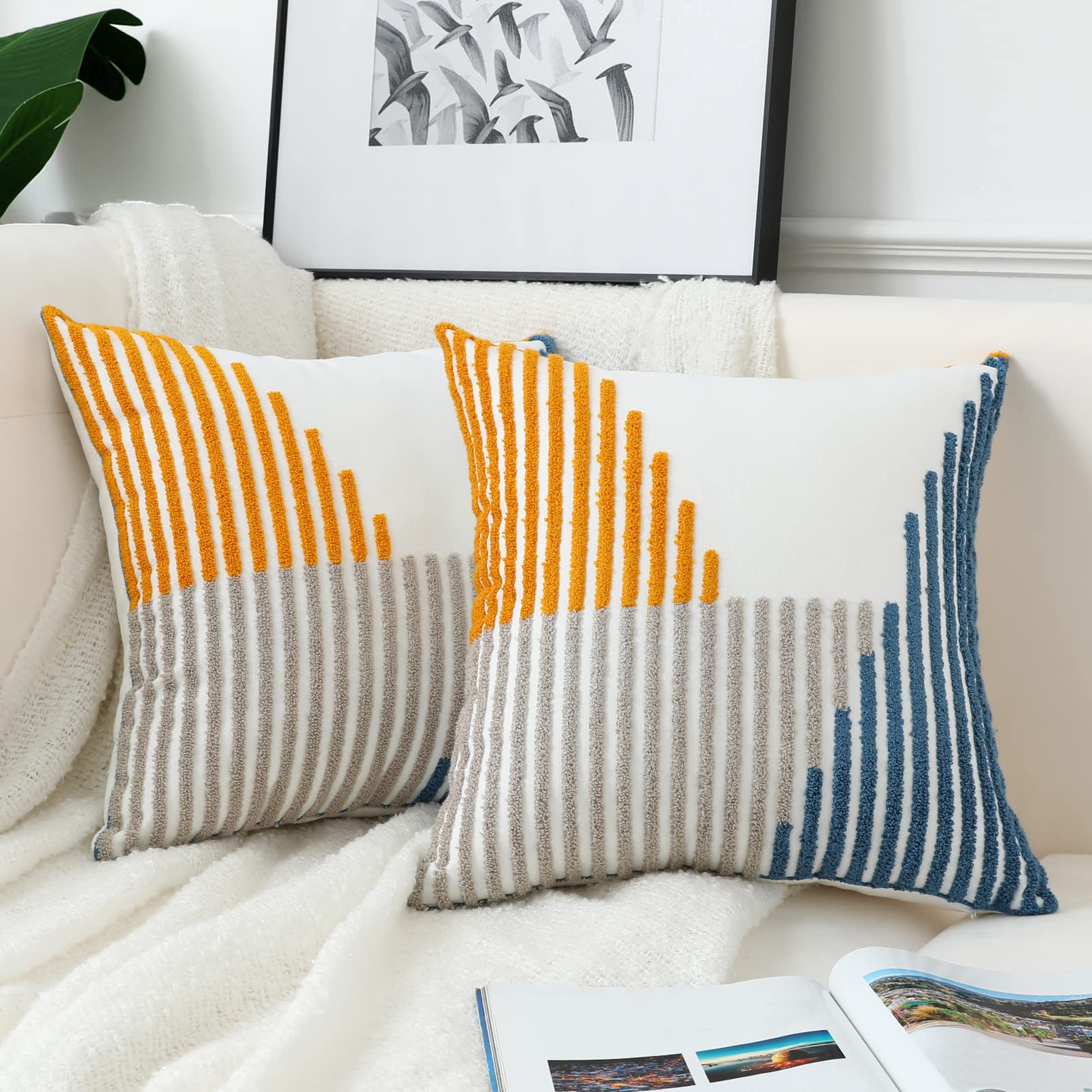 Oirpro Boho Throw Pillow Covers 18 x 18 Pack of 2 Modern Striped Patchwork Farmhouse Pillow Covers Decorative for Couch Sofa Bed Outdoor Yellow and Blue Pillow Covers