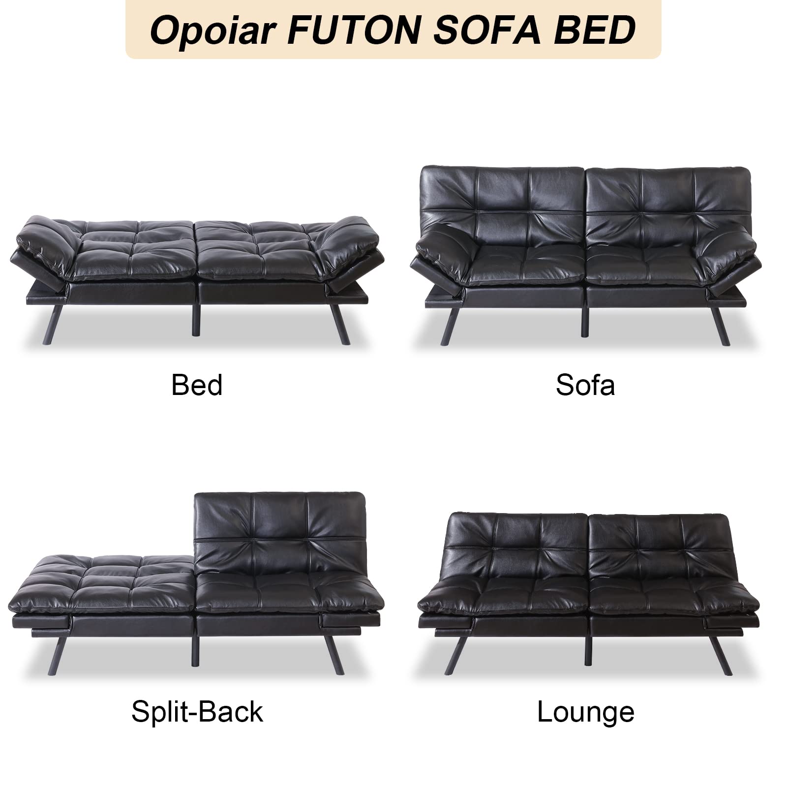 Opoiar Convertible Bed Faux Leather Couch Black Memory Foam Sleeper Sofa Small Folding Loveseat Futon Sets for Compact Living Room, Sofabed