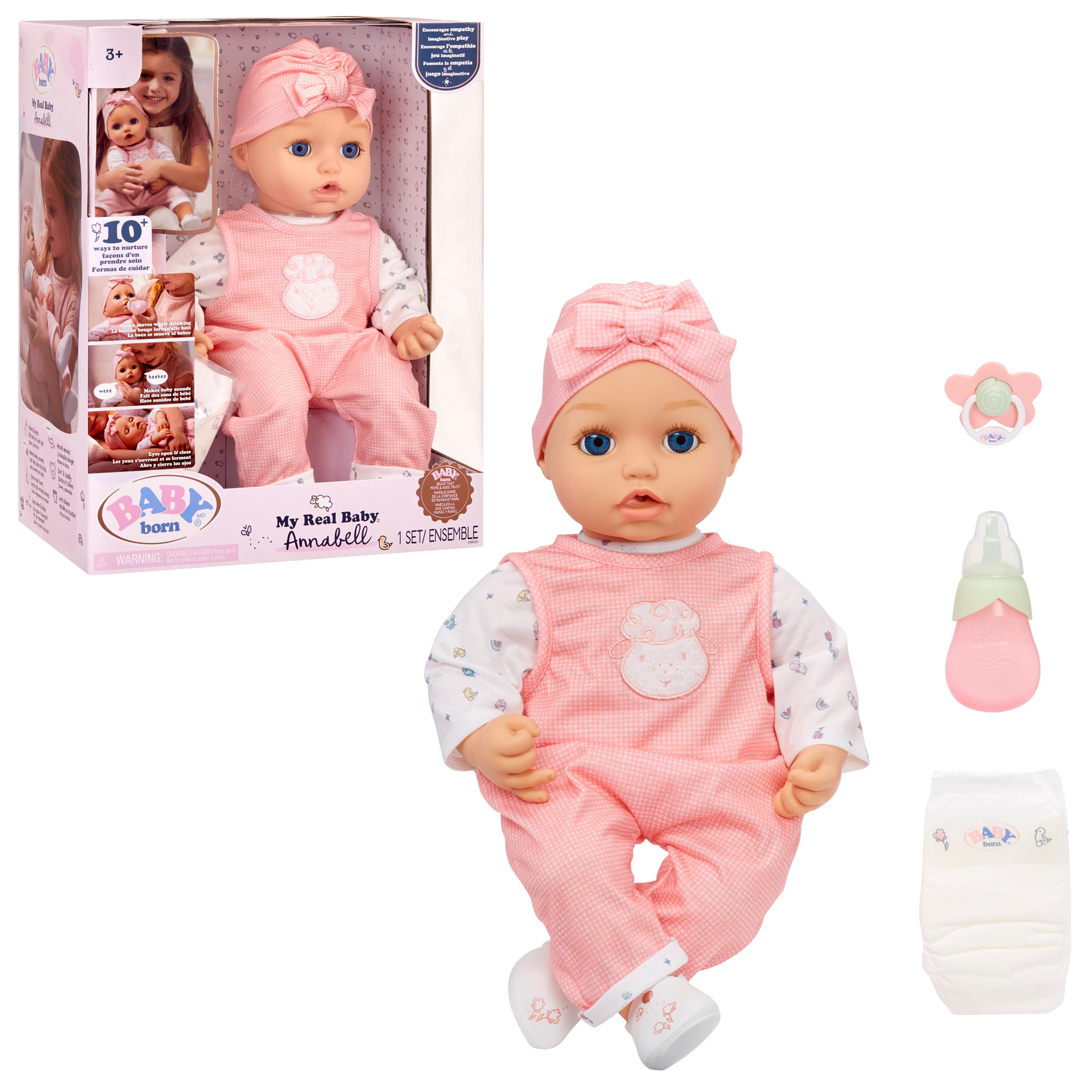 Baby Born My First Baby Doll Annabell - Blue Eyes: Realistic Soft-Bodied Baby Doll for Kids Ages 1 & Up, Eyes Open & Close, Baby Doll with Bottle