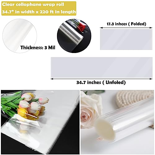 GcFoir Clear Cellophane Wrap Roll 34.5” Wide x 220 Ft Long, 3 Mil ThickPlastic Transparent Cello Wrapping Paper for Gift Baskets, Flower Bouquets, Large Cellophane Sheets for Arts & Crafts Food Safe