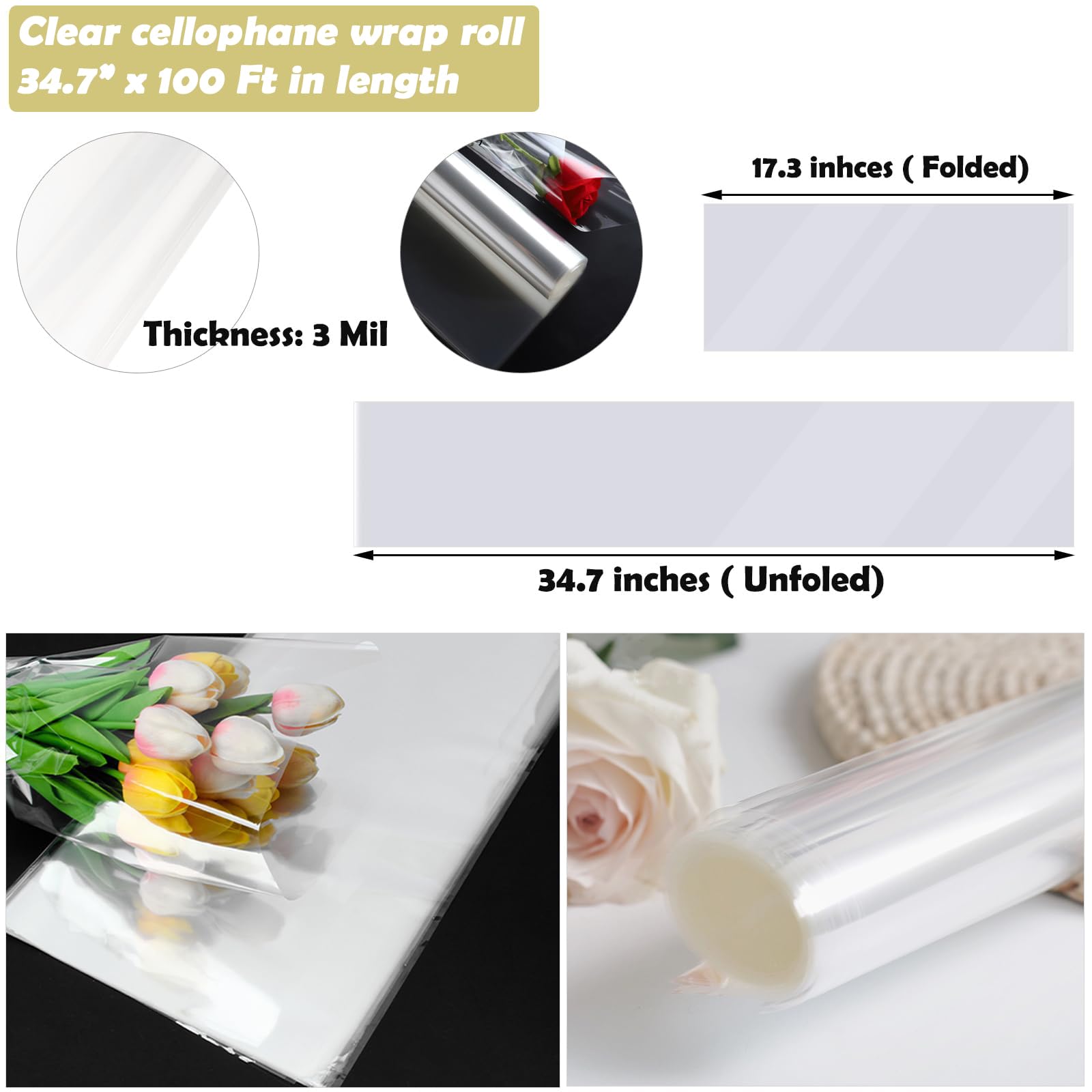 Clear Cellophane Wrap Roll 34.7” Wide x 100 Ft Long 3 Mil Thick Plastic Cellophane Wrap for Gift Baskets Heavy-duty Transparent Wrapping Paper for Flower Bouquets Large Cellophane Wrap Sheets for Arts