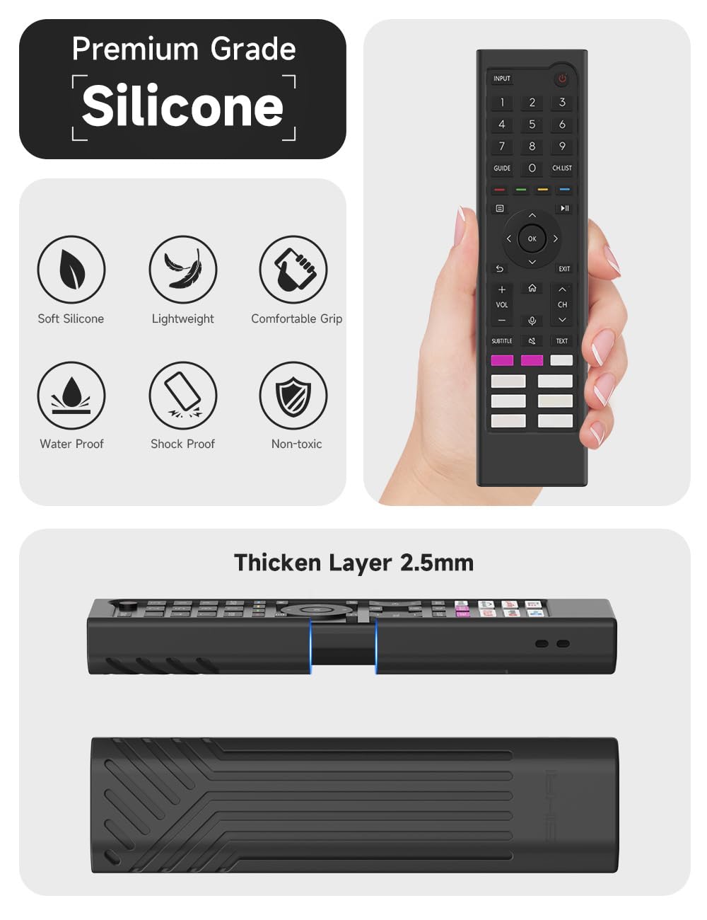 Silicone Hisense Remote Cover Compatible with Hisense Smart TV Remote ERF3C80H,2AVIGBR0001,25780-2AVIGBR0001,Skin-Friendly Case for A4H Series Android TV Remote Anti-Lost with Lanyard(Black)