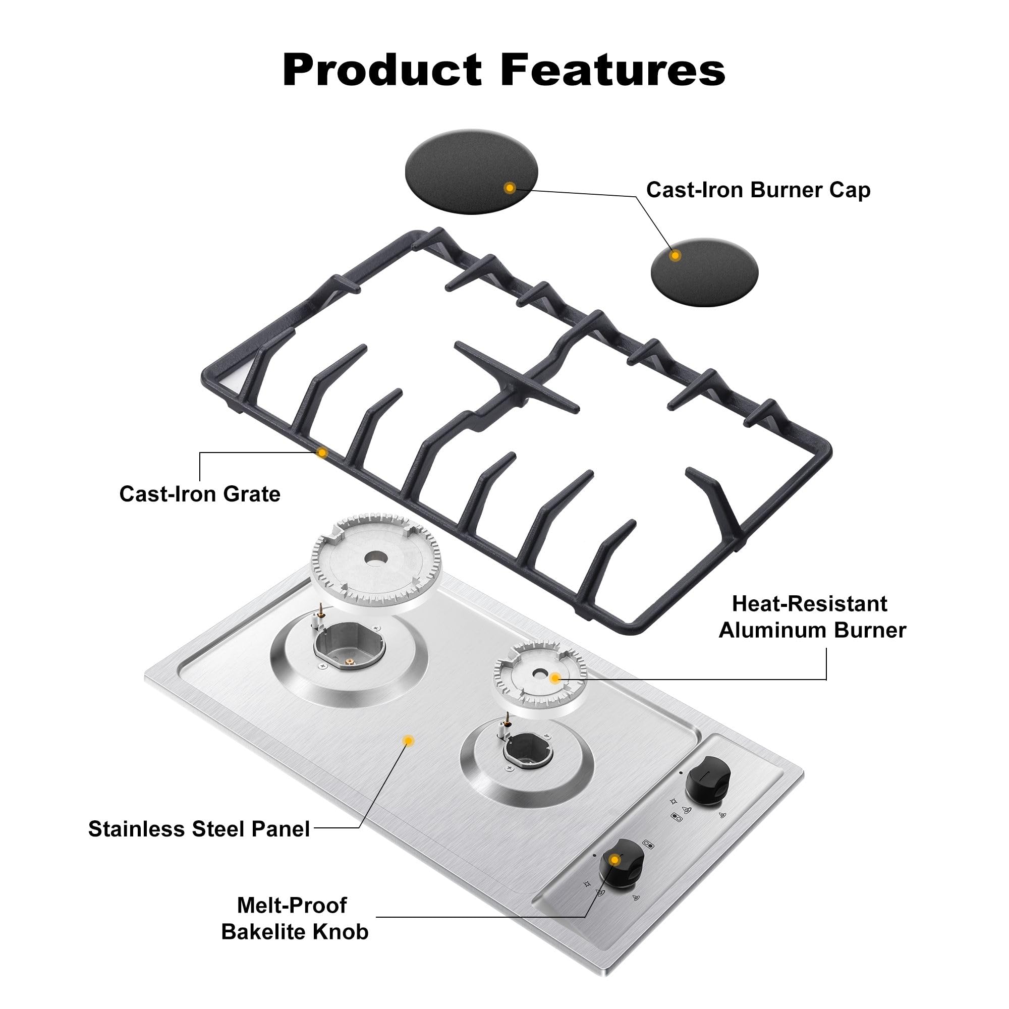 Eascookchef Gas Stove Top 2 Burner,Bulit-in Gas Cooktop 12 inch,Stainless Steel Propane Cooktop, NG/LPG Convertible,Drop-in Gas Burner, 2 Burner Gas Stove with Thermocouple Protection, RV Stove