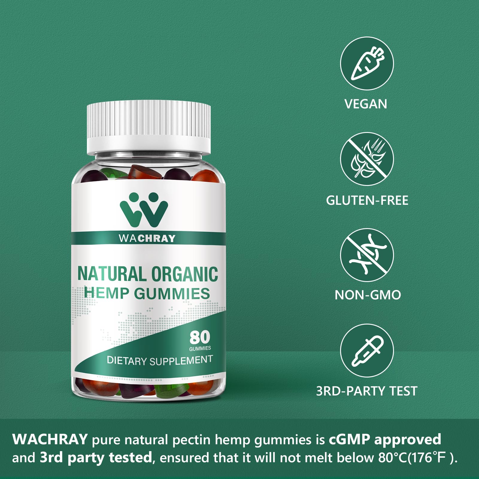 WACHRAY 3 Packs Hemp Gummies from Organic Extra Strengthen Edible Extract Hemp Oil Candy Lower Sugar Gummy