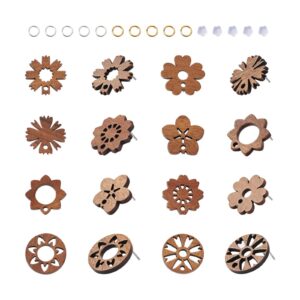 pandahall 32pcs wood stud earring findings flower earring posts for jewelry making with 50pcs earring backs & 100pcs jump rings