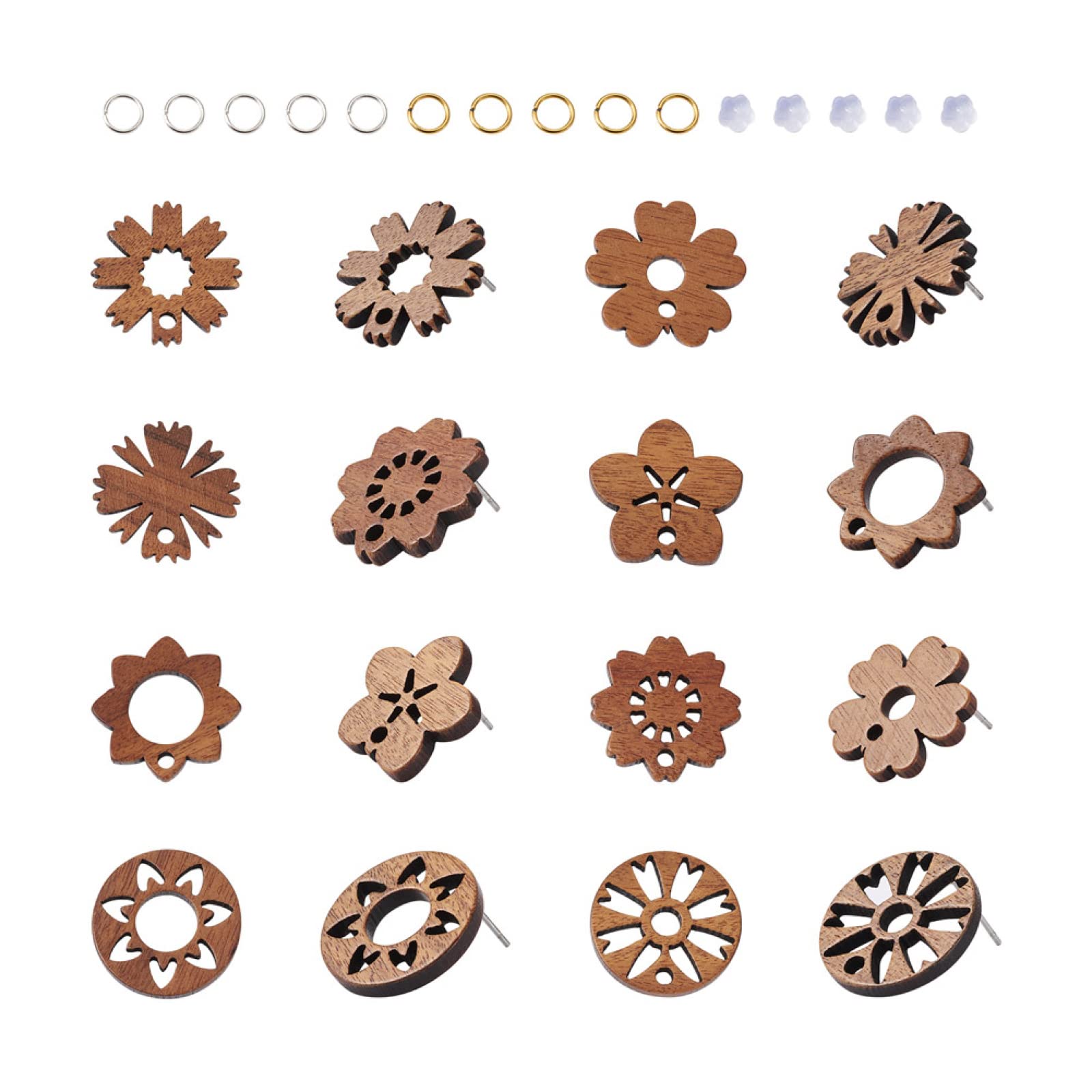 Pandahall 32Pcs Wood Stud Earring Findings Flower Earring Posts for Jewelry Making with 50pcs Earring Backs & 100Pcs Jump Rings