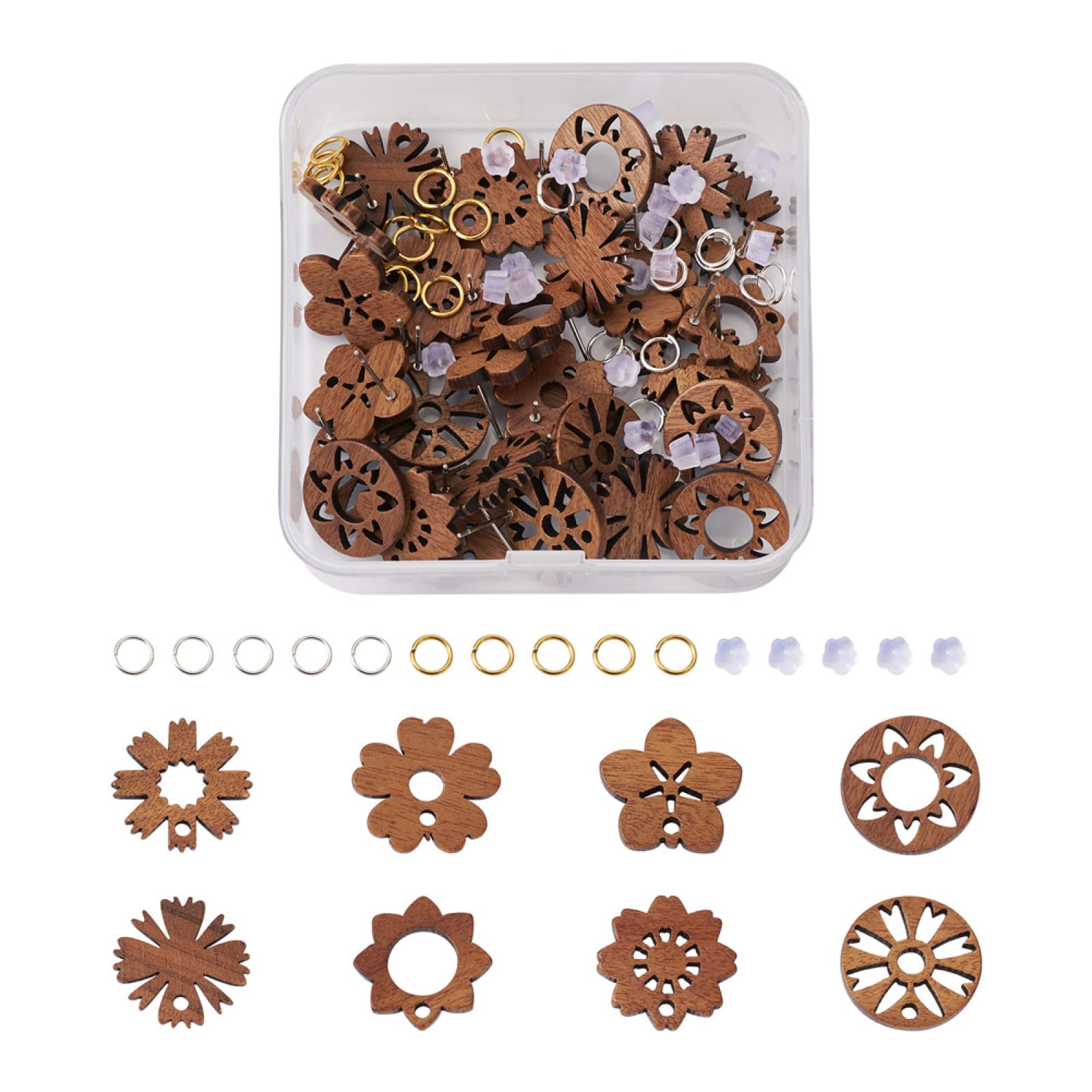 Pandahall 32Pcs Wood Stud Earring Findings Flower Earring Posts for Jewelry Making with 50pcs Earring Backs & 100Pcs Jump Rings