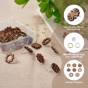 Pandahall 32Pcs Wood Stud Earring Findings Flower Earring Posts for Jewelry Making with 50pcs Earring Backs & 100Pcs Jump Rings