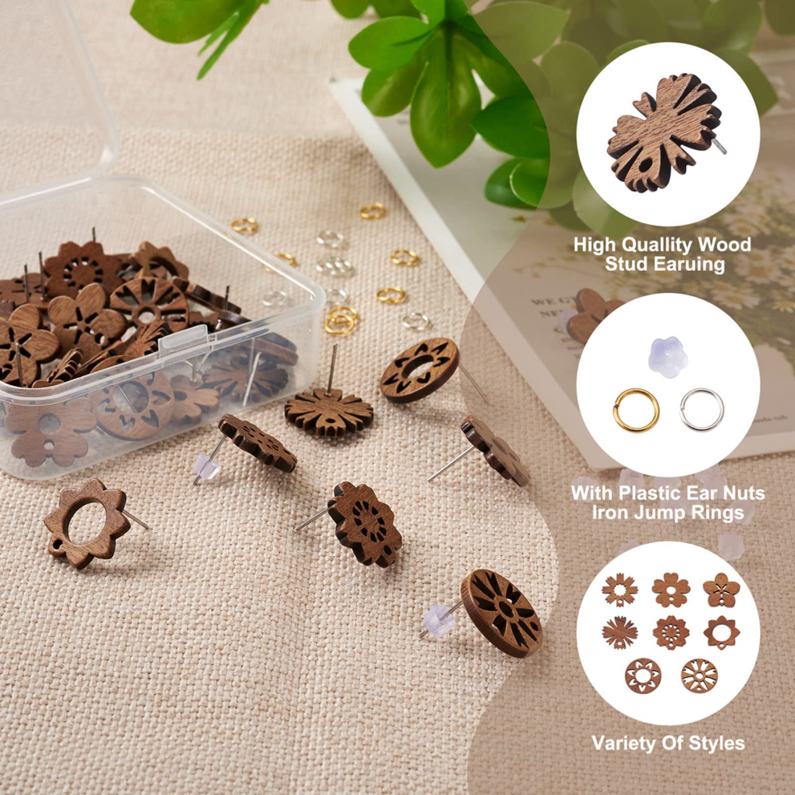 Pandahall 32Pcs Wood Stud Earring Findings Flower Earring Posts for Jewelry Making with 50pcs Earring Backs & 100Pcs Jump Rings